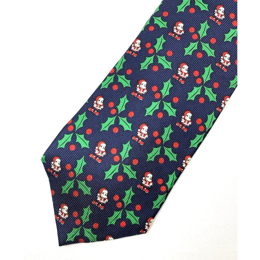 Disney Mickey Mouse Tie Mens Navy Blue Silk Christmas Holly 3 7/8" x55.5" Vintag